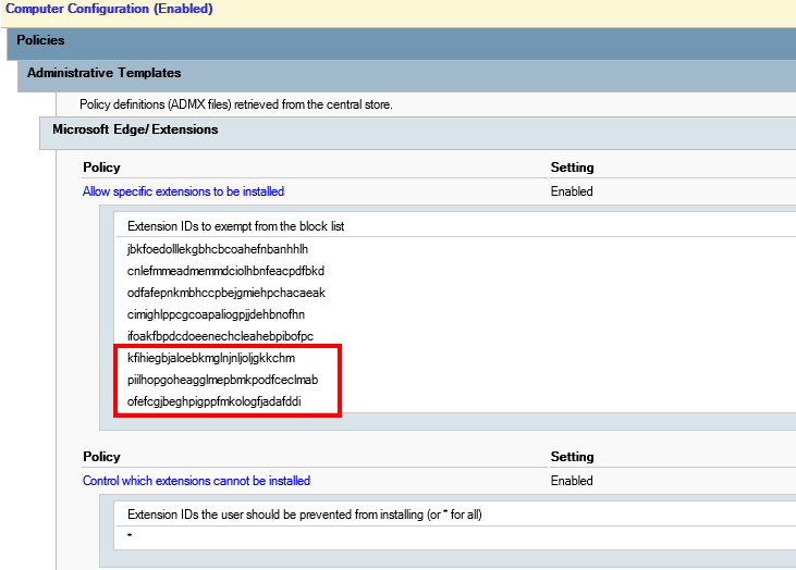 Screenshot showing example Windows Group policy with extension allowlist.