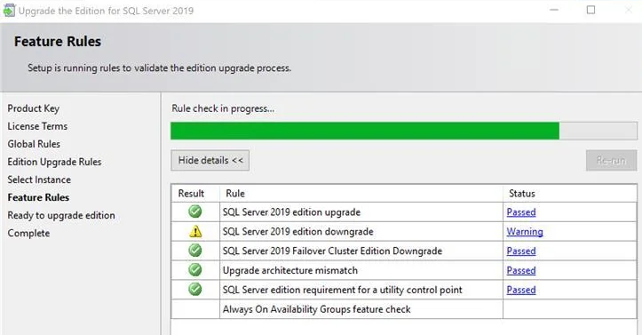 Screenshot showing SQL server edition upgrade wizard hanging on “Always On Availability Groups feature check.”