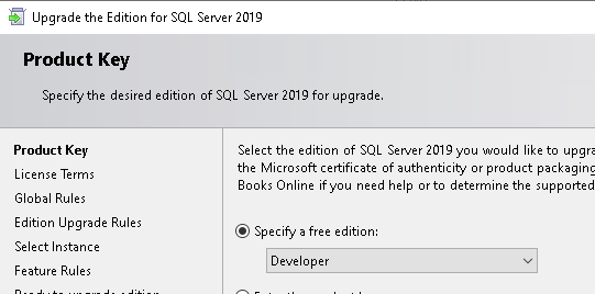 Screenshot showing SQL server edition upgrade wizard product key page with the Developer free edition selected