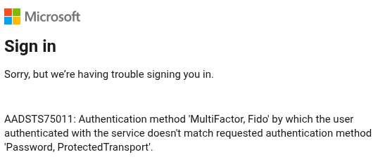 Screenshot showing Microsoft Entra AADSTS75011 error.