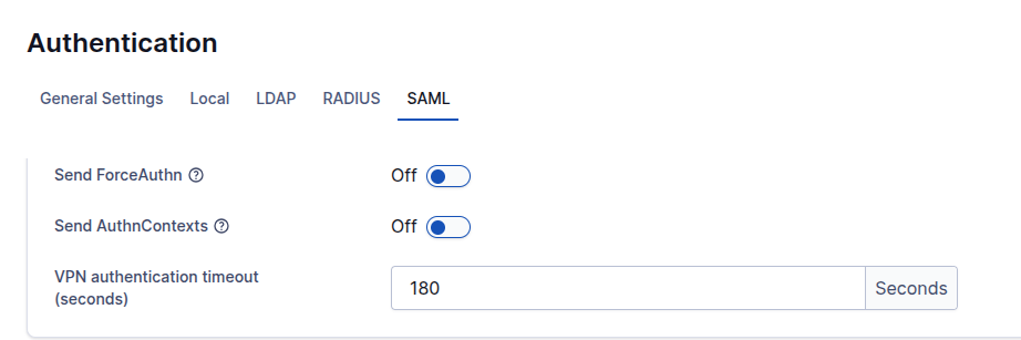 Screenshot of Send AuthnContexts disabled in OpenVPN Access Server admin center
