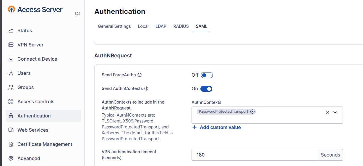 Screenshot of Send AuthnContexts enabled in OpenVPN Access Server admin center